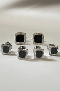 Black Square Swirl Enamel with Silver Trim Studs & Cufflinks Set