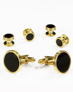 Cristoforo Cardi Black Circular Onyx with Gold Concentric Circles Studs and Cufflinks Set